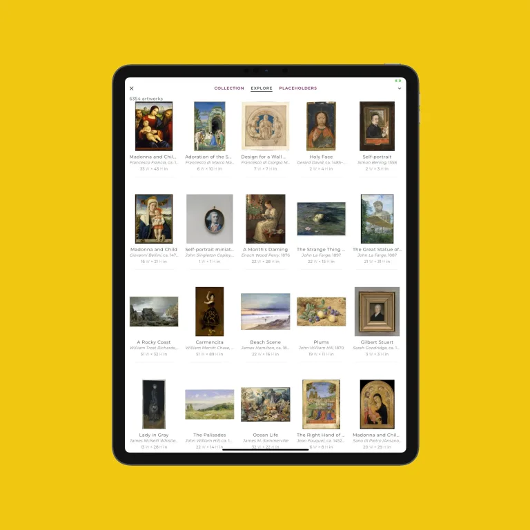 photo gallery display of artwork and photo collection shown in a grid of 5 columns and 4 rows on an iPad